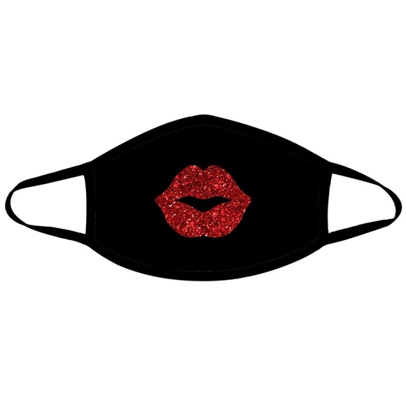 Ella Etc Pucker Up Glitter Red Kiss Face Mask | Black Fashion Mask - Picture 1 of 6